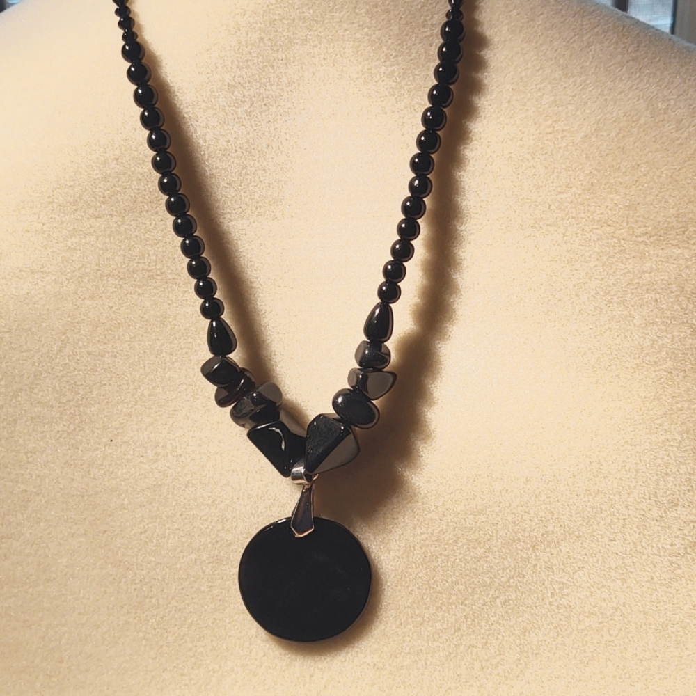 Necklace Black Onyx pendant with Black onyx stones and beads